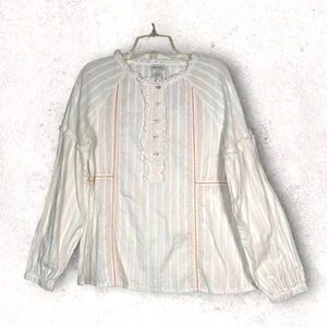 Sundance White Contrast Stitch Ruffle Embellished Balloon Sleeve Top Small